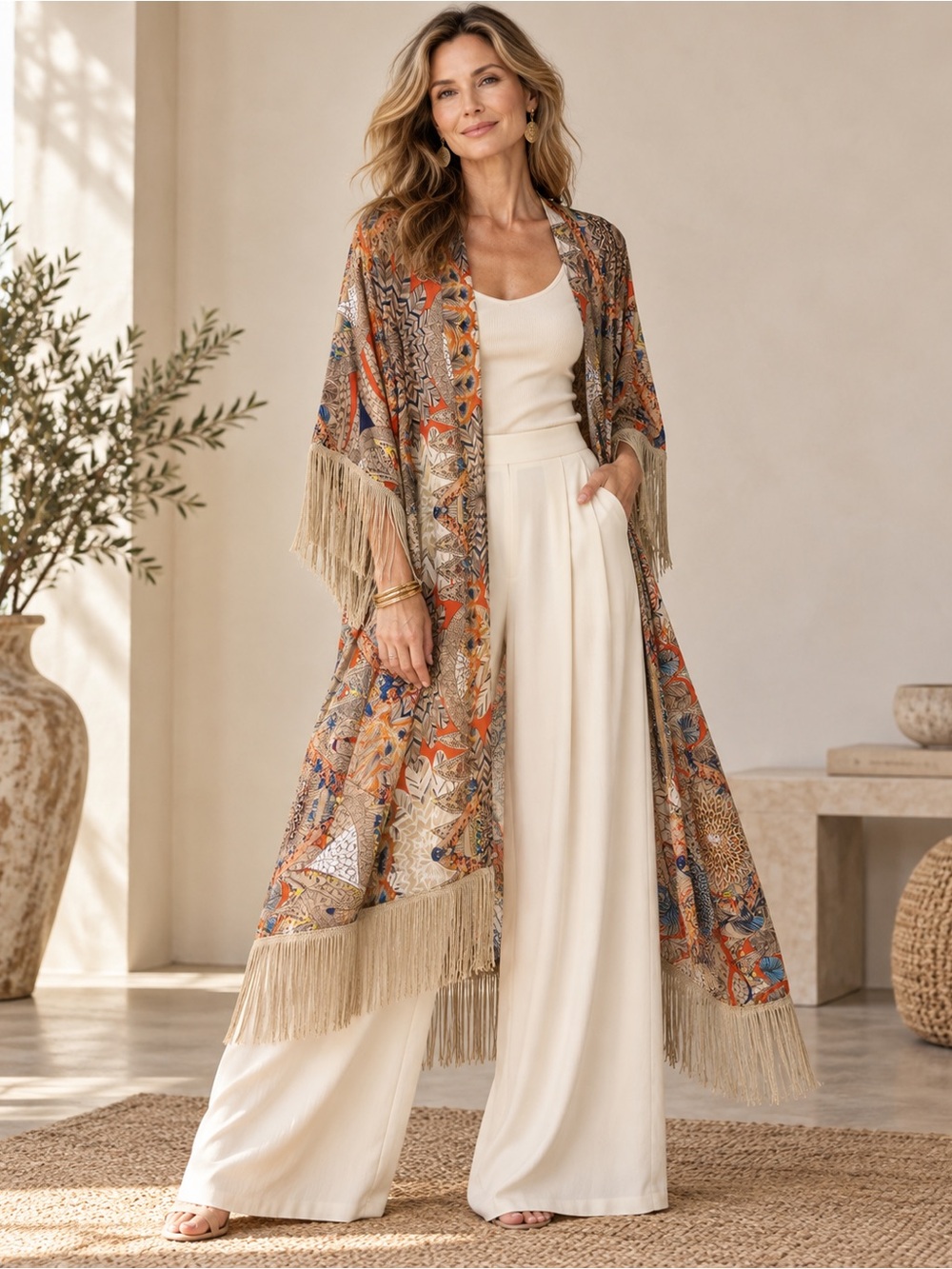 Boho Multicolor Fringe Long Kimono Duster Cover Up